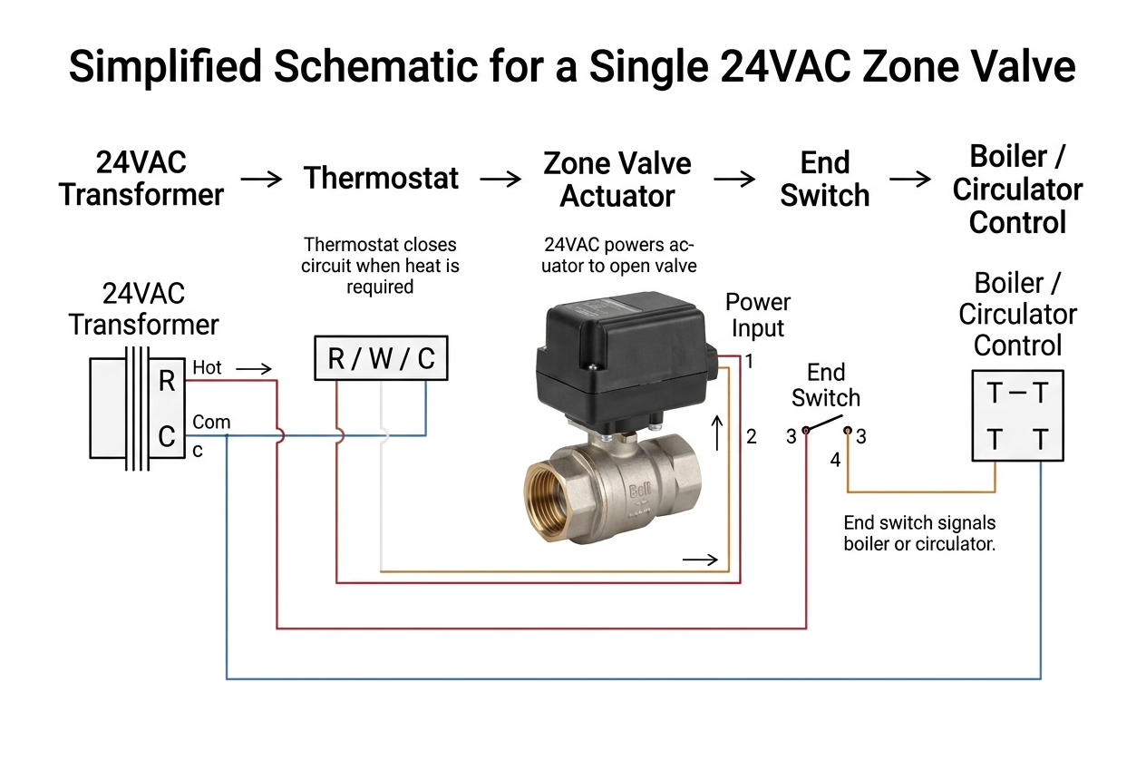 Detailed wiring diagram for a single hydronic zone control valve connecting to thermostat, transformer, and boiler relay.