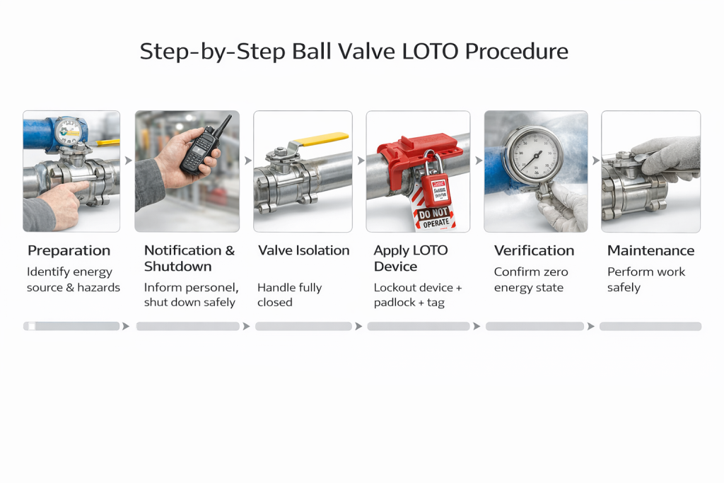 A ball valve fitted with a lockout device and safety tag