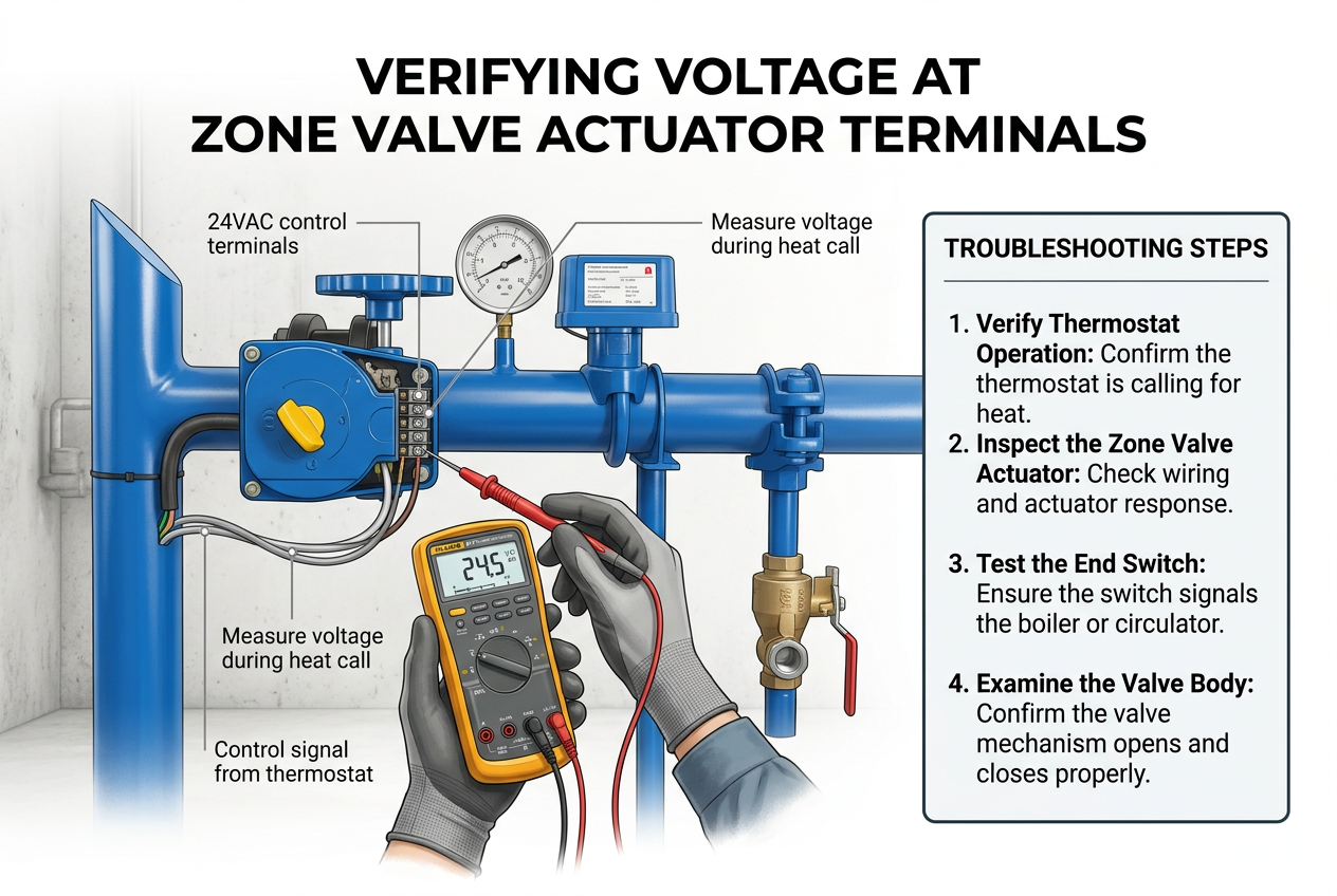 HVAC technician testing the actuator of a zone control valve with a multimeter.