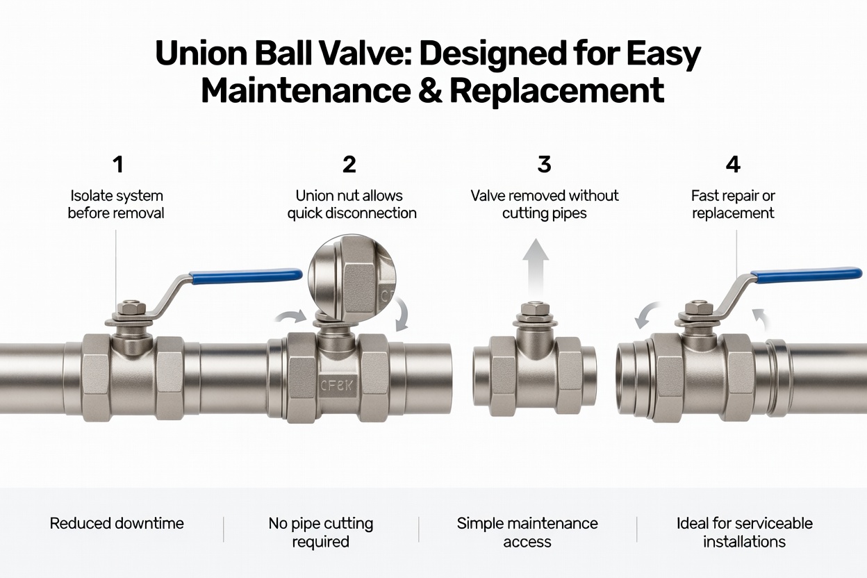 Illustrative diagram showing a maintenance worker easily removing a ball valve with unions for repair.