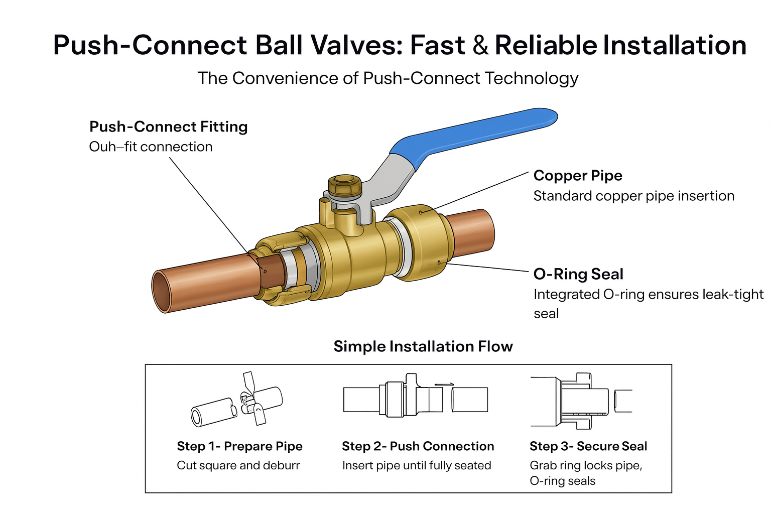 A brass push connect ball valve connecting two sections of copper pipe, showcasing ease of installation.