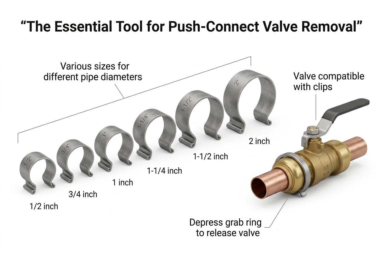 A push connect disconnect clip in various sizes for different pipe diameters.