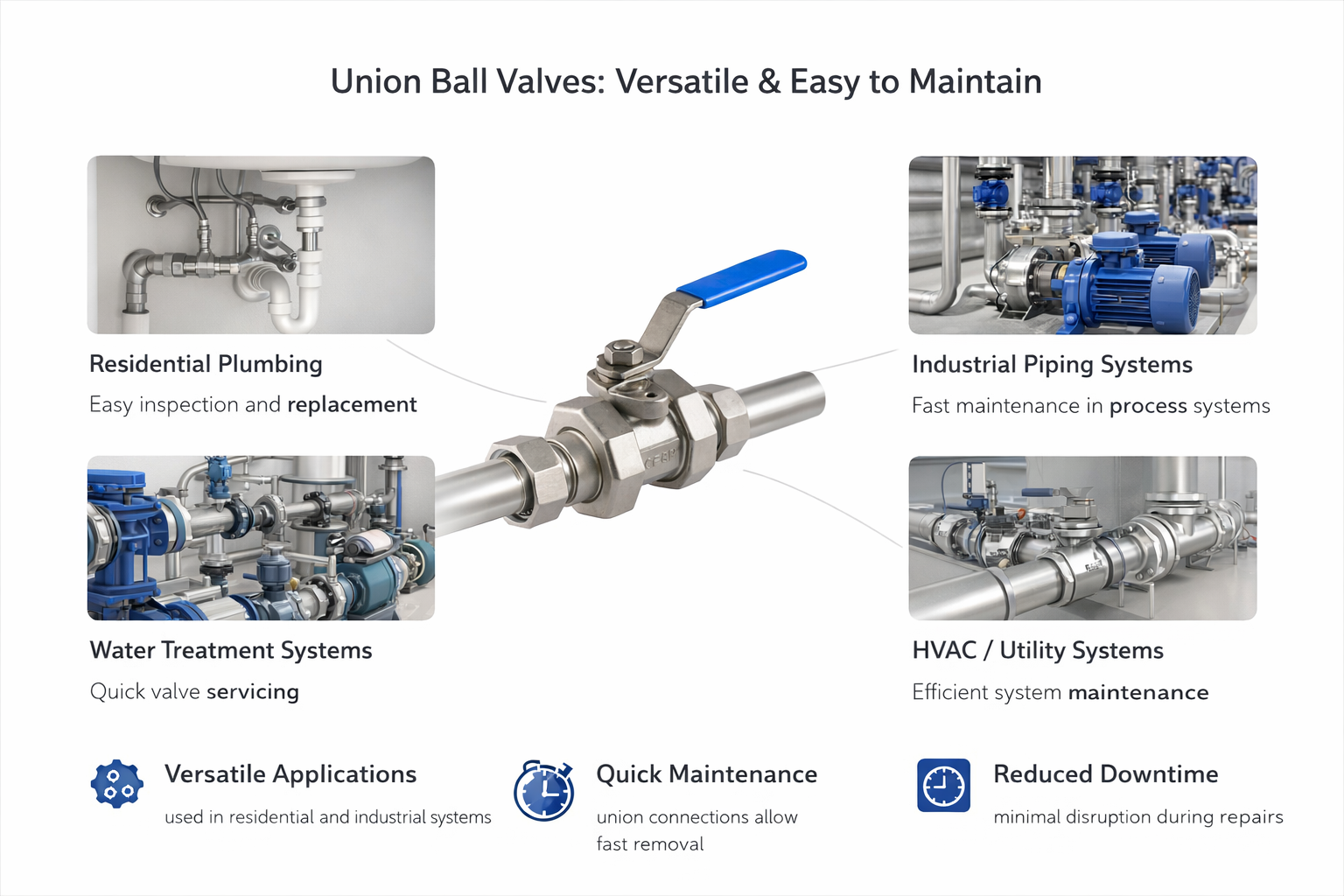 Collage of various applications showing ball valves with unions in residential and industrial settings.