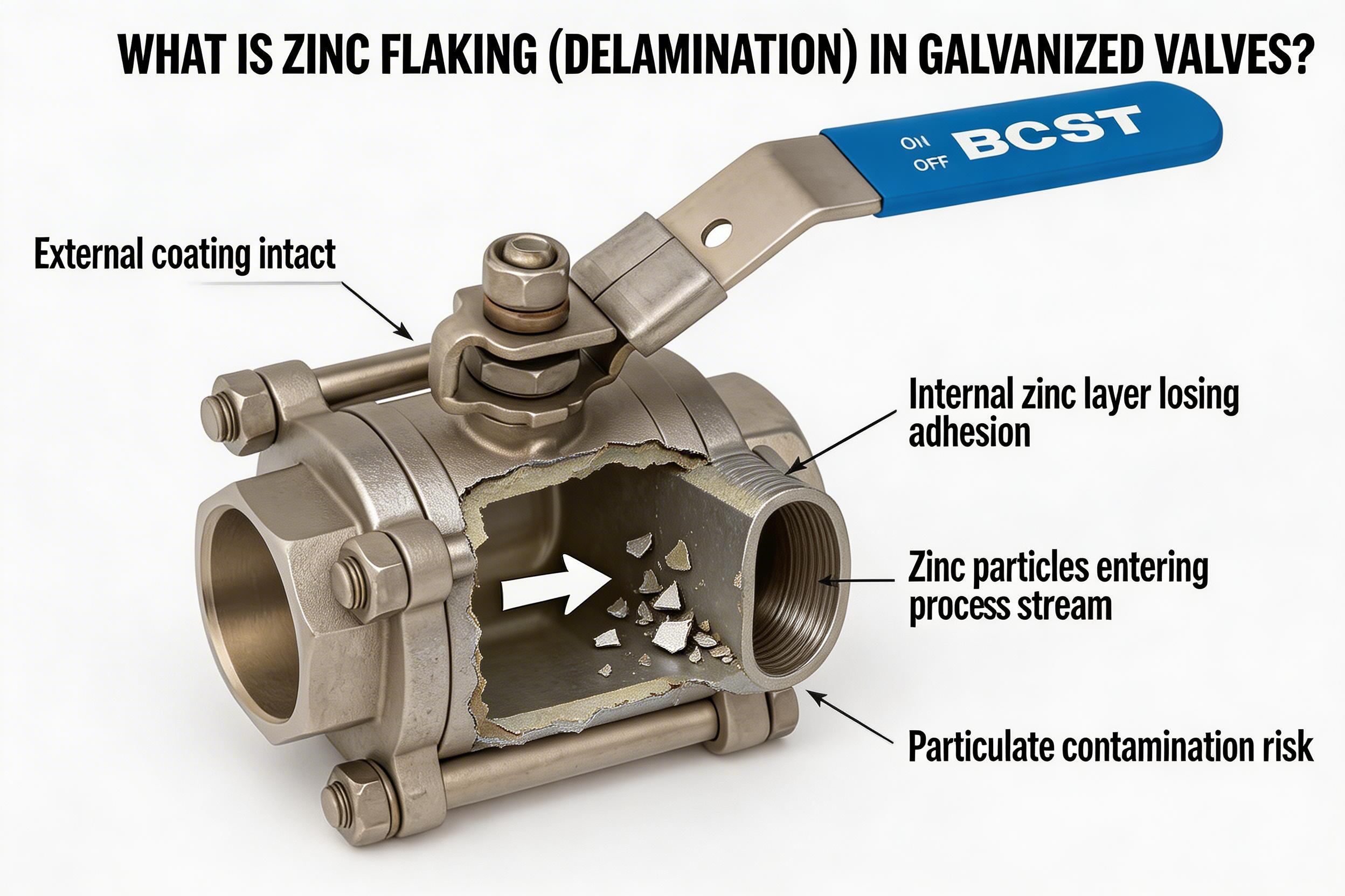 A galvanized ball valve with its characteristic dull gray zinc coating