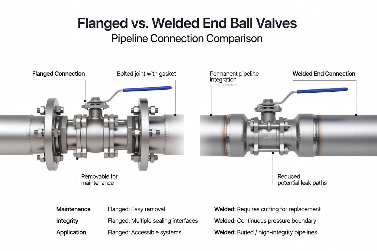 Comparative image showing a flanged ball valve connected to a pipeline and a welded end ball valve.