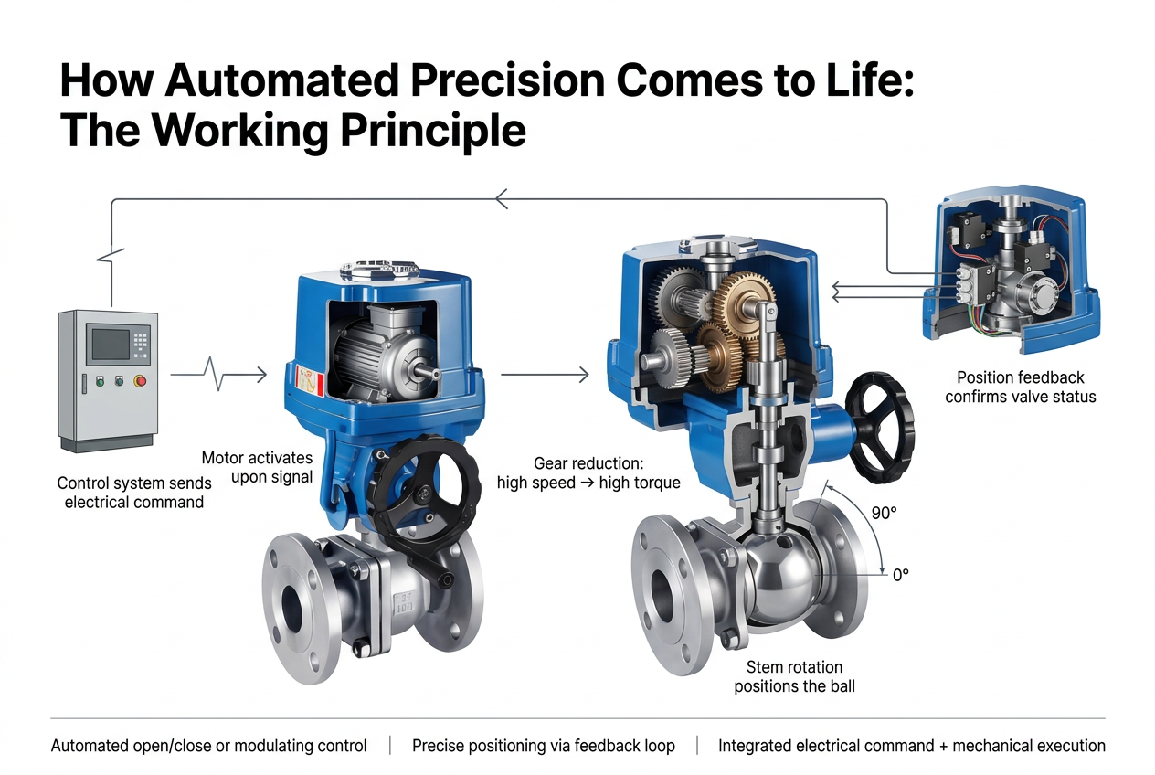 Diagram illustrating the internal components and working principle of a programmable ball valve with actuator