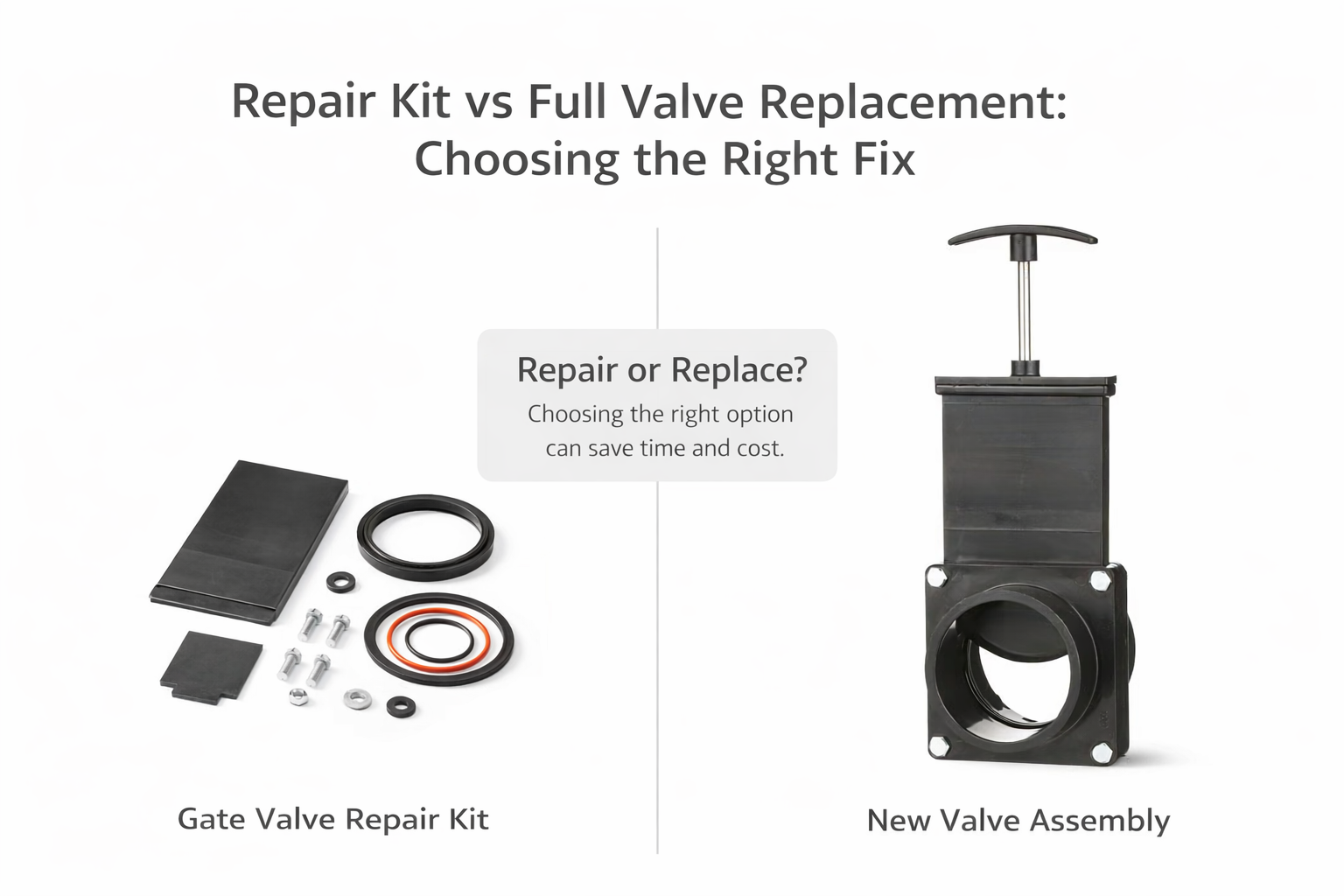 A side-by-side comparison of an RV gate valve repair kit and a brand new RV gate valve assembly.