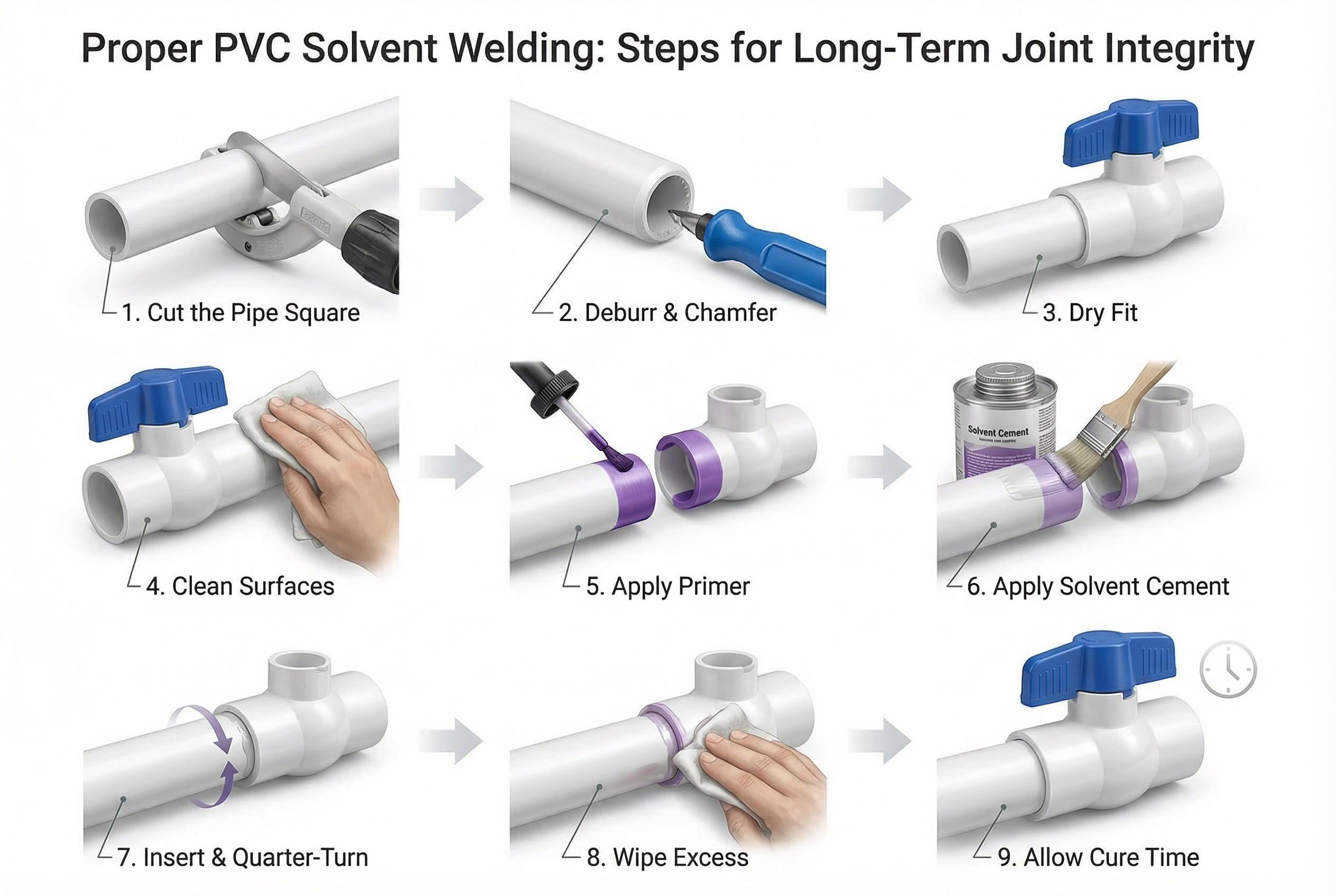 Illustrated steps for properly preparing and joining PVC pipe with solvent weld method.