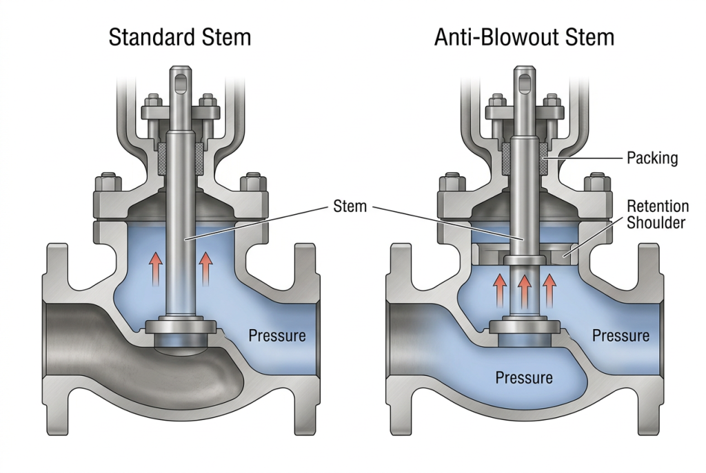 Visual comparison of standard vs anti-blowout valve stem designs