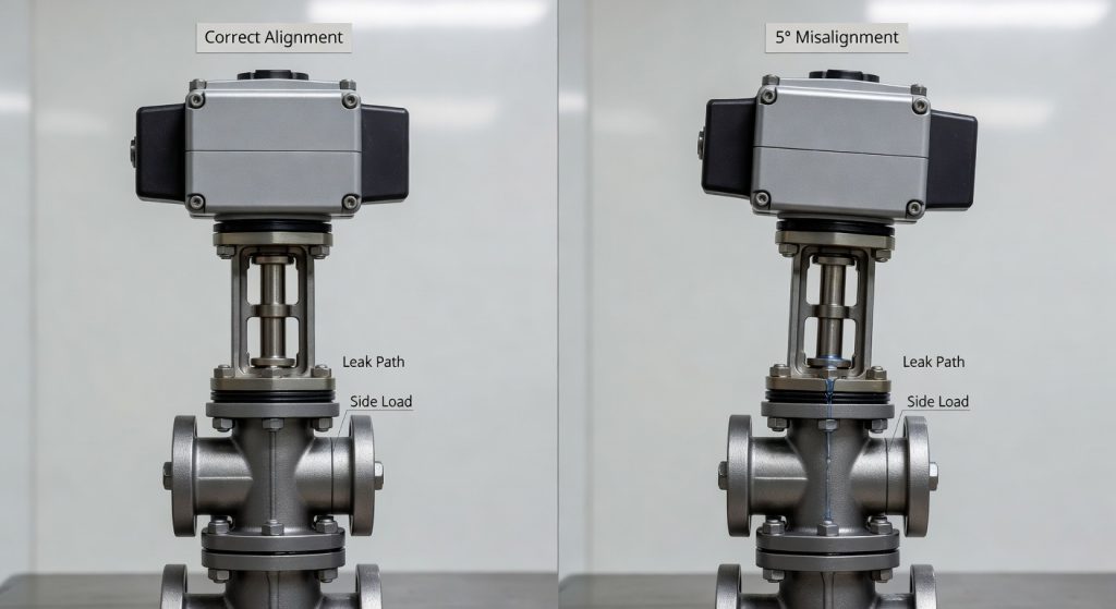 a perfectly installed actuator vs one with a 5-degree tilt