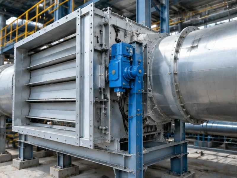 A pneumatic actuator with positioner mounted on an industrial damper
