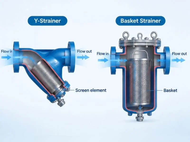 Y-Strainer vs Basket Strainer Industrial Pipeline Filter Comparison Diagram