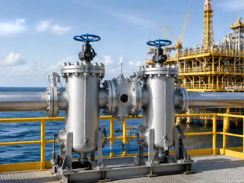 Duplex strainer in an oil and gas facility