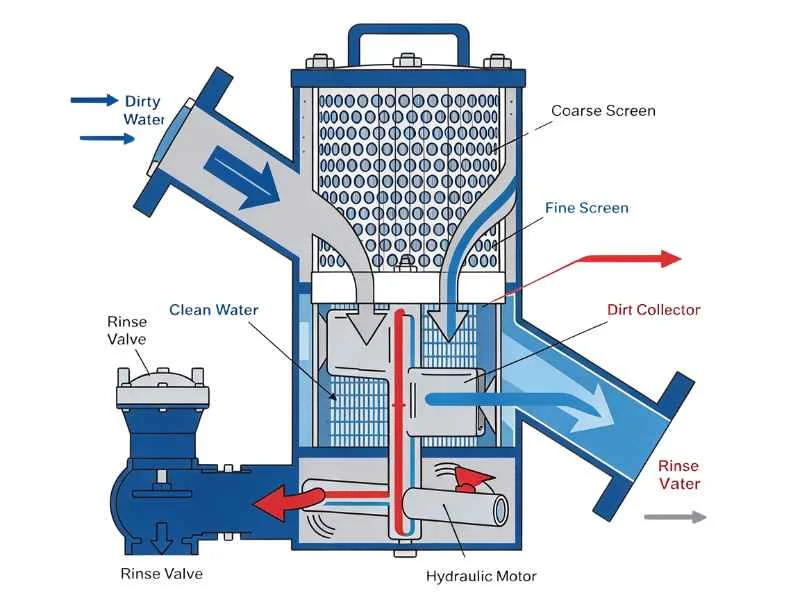 Self-cleaning filter operating principle