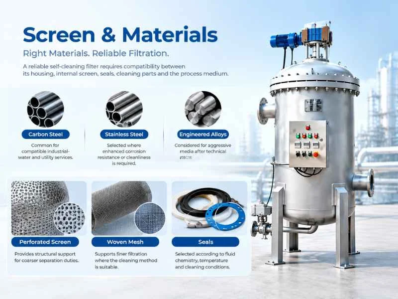 Self-cleaning filter screen and internal components